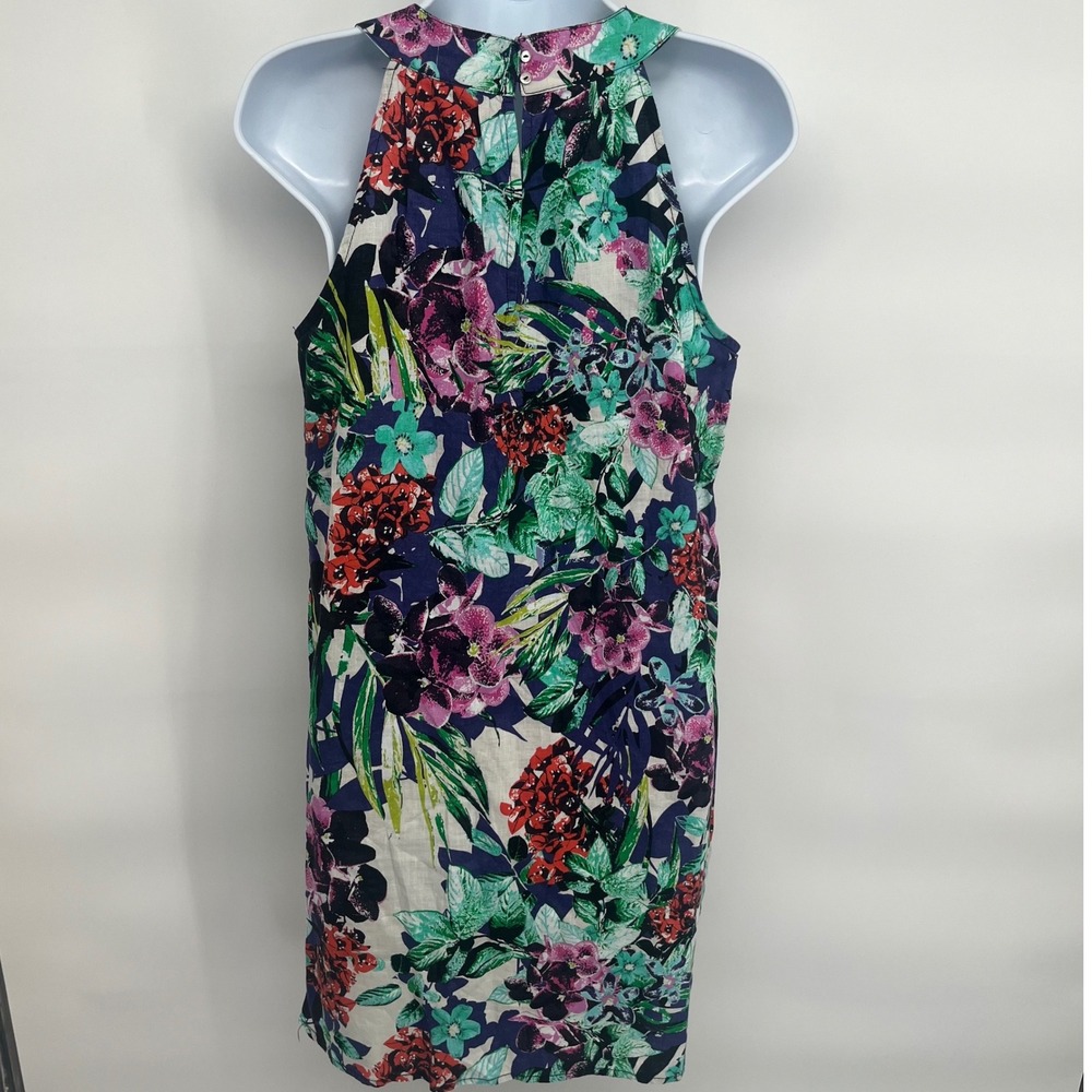 100% Linen Keyhole Shift Dress Women XS C&C California Blue Floral Sleeveless - Picture 6 of 9